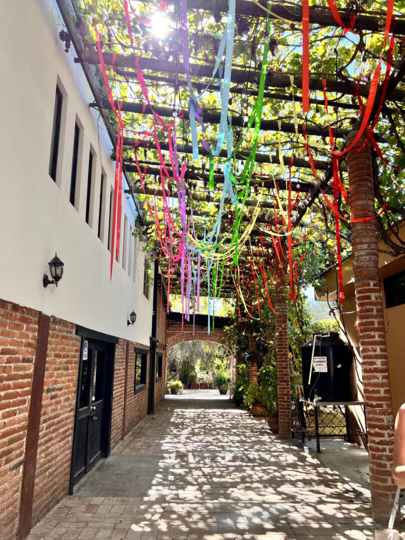A walkway with many colorful ribbons hanging from it.